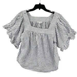 Beachlunchlounge Blue White Striped Linen Blend Ruffle Sleeve Top Size L Coastal